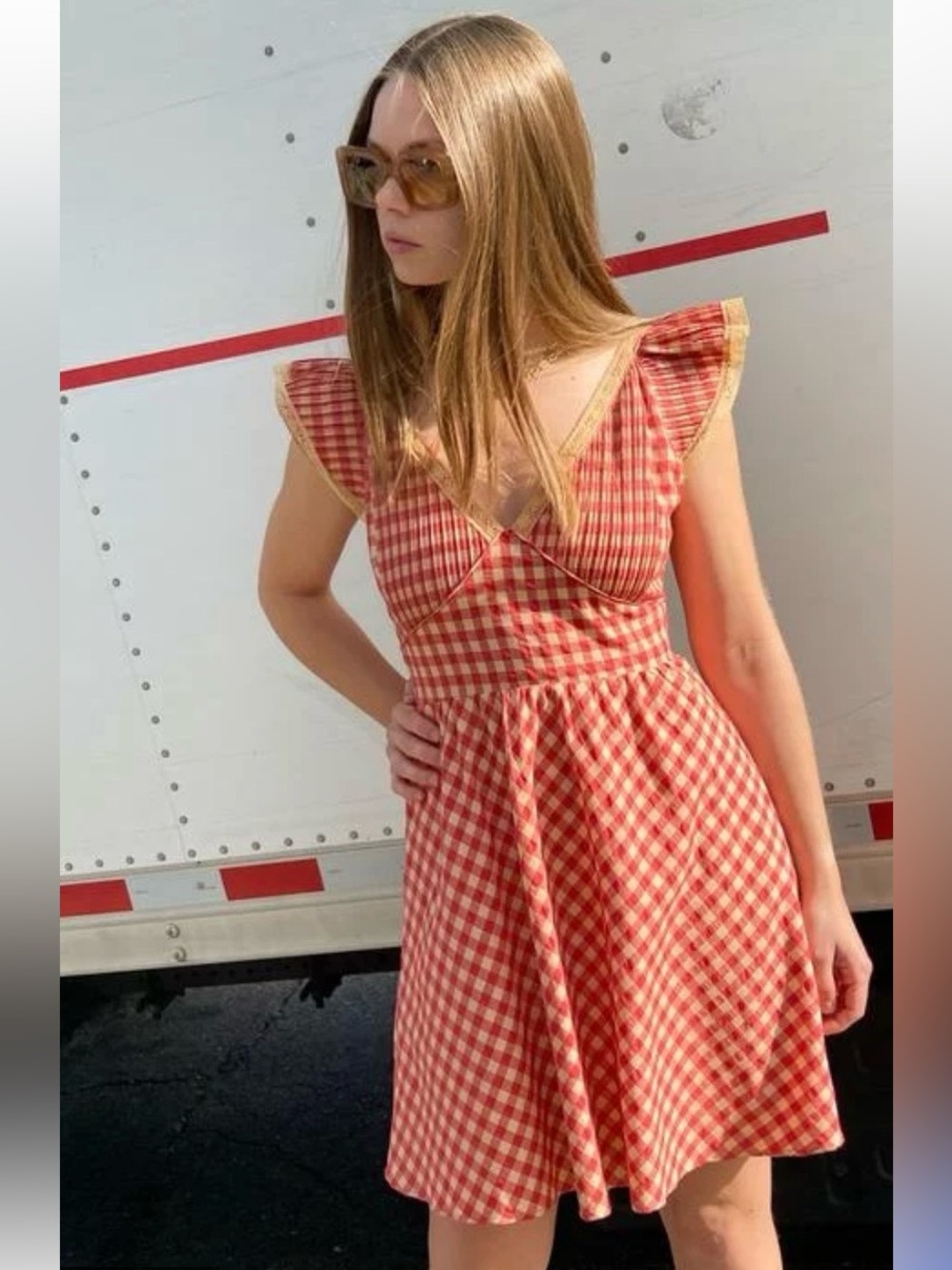 Red Gingham Flutter Sleeve Dress - Women's